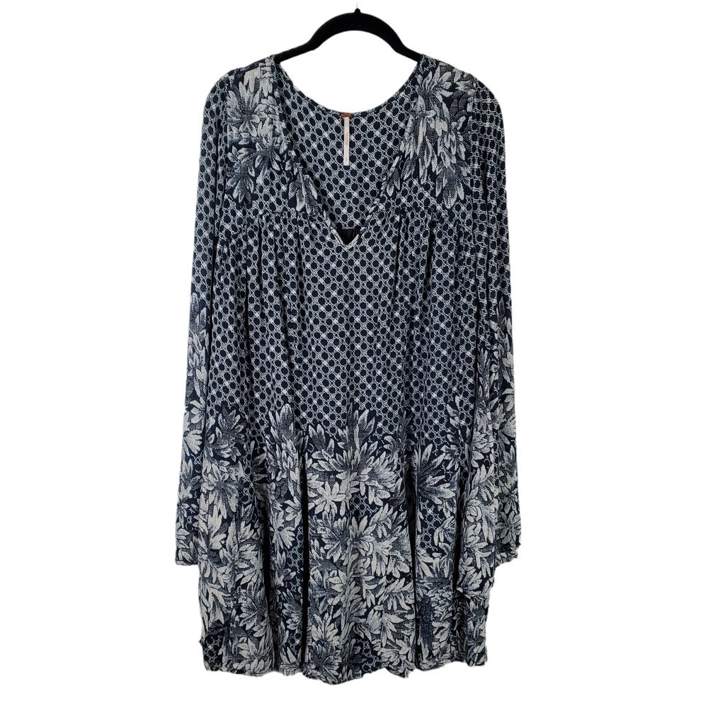 Free People Bell Sleeves Mini Blue Boho Women Peasant Dress Size Small